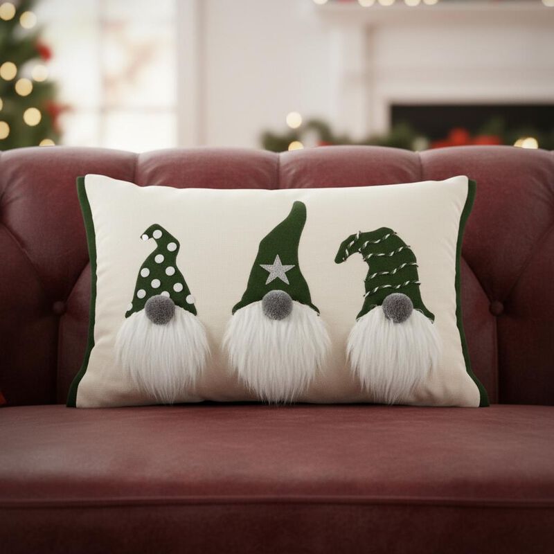 HomeRoots 14" X 20" Green And Ivory Cotton Christmas Gnomes Throw Pillow With Embroidery image number 1