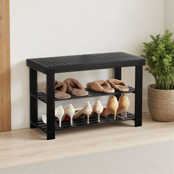 Entryway Shoe Storage Bench 3-Tier Wicker Rack for Hallway, Bedroom, Front Door Use-Black