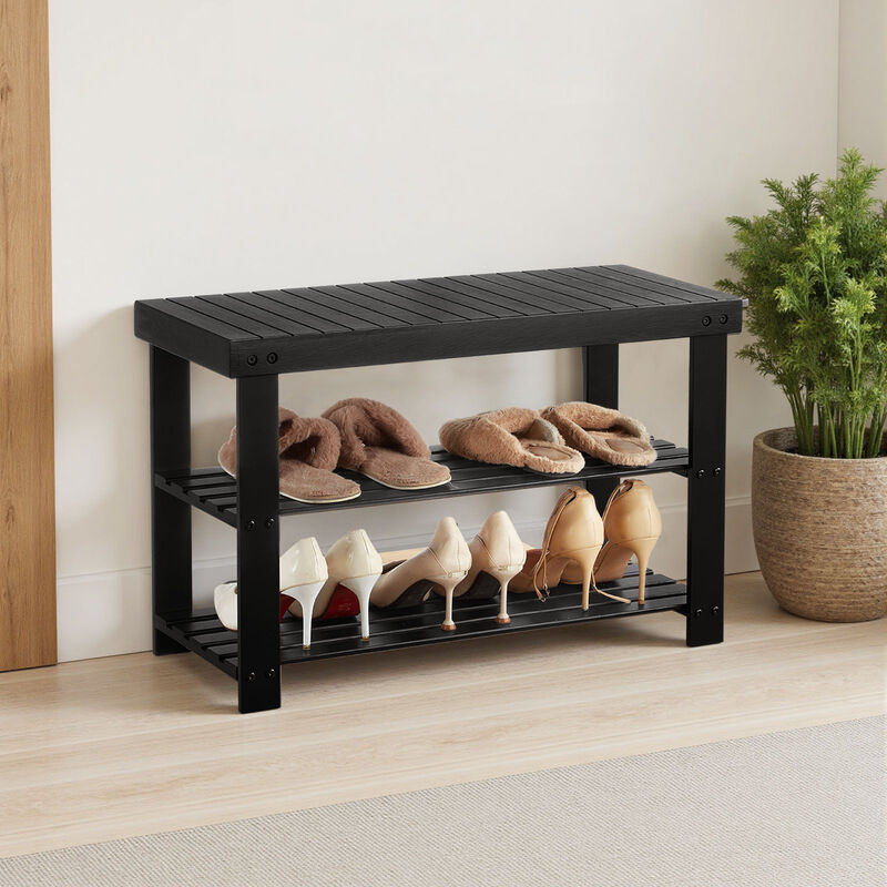 Entryway Shoe Storage Bench 3-Tier Wicker Rack for Hallway, Bedroom, Front Door Use-Black image number 1