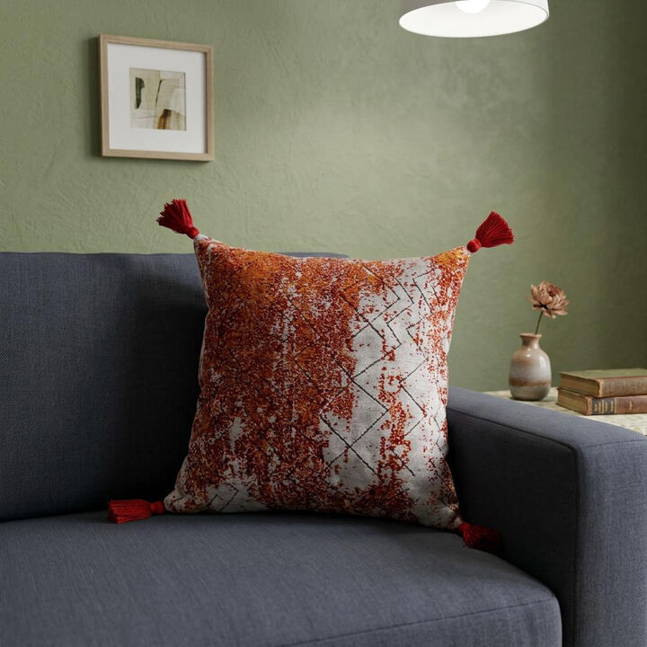 HomeRoots 18" Red And Silver Abstract Geometric Viscose Throw Pillow Cover with Tassels