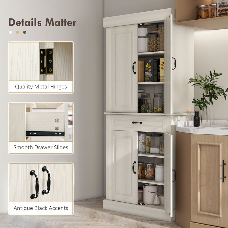 71" Distressed White Pantry: 4 Doors, 2 Cabinets, Drawer