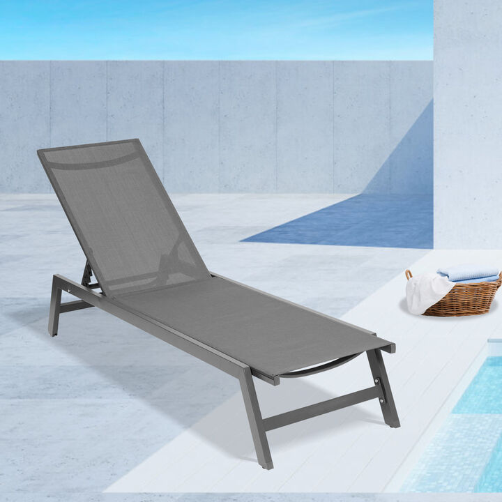 Outdoor Chaise Lounge Chair, Five-Position Adjustable Aluminum Recliner, All Weather For Patio, Beach, Yard, Pool(Grey Frame/Dark Grey Fabric)