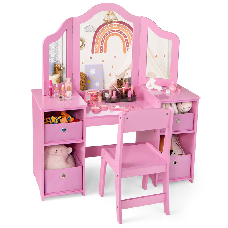 Kids Vanity Table and Chair Set with Removable Mirrors and 4 Storage Bins