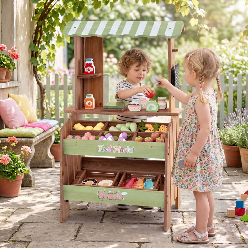 Kids Wooden Grocery Store Playset with Chalkboard and Accessories image number 1