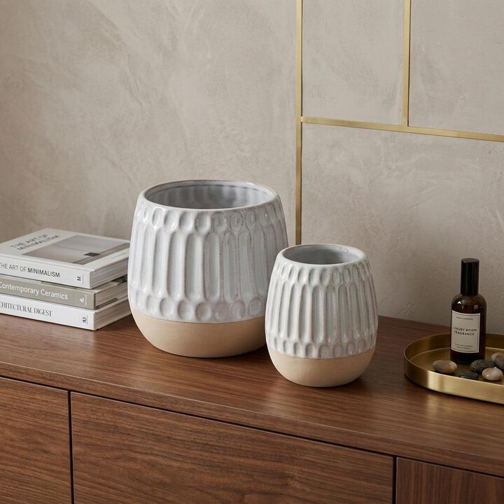 HomeRoots Set of Two Beige and White Ribbed Round Porcelain Table Vase