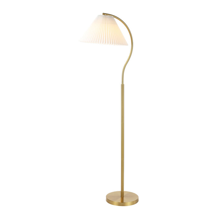 Devon 60.5" Modern Glam Metal Arc LED Floor Lamp with Pleated Shade, Brass Gold/White