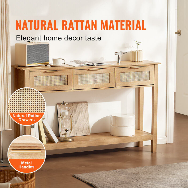 Wood and Rattan Console Table – 3 Drawer Entry Table with Sliding Door for Foyer, Hallway or Apartment Living