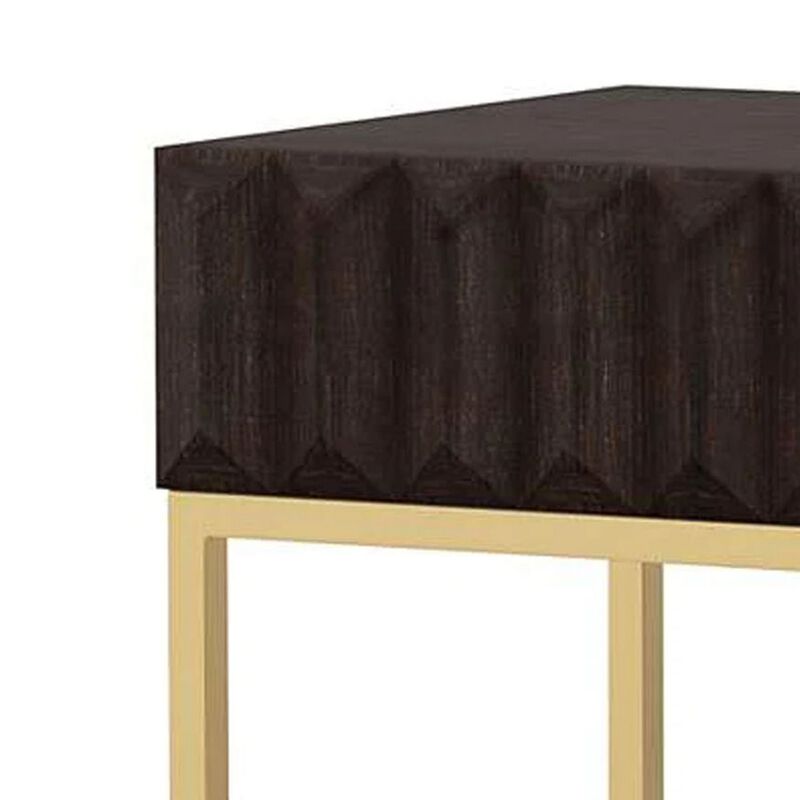 Bran 24 Inch Modern Side End Table, Brown Wood, Gold Steel Base, 1 Drawer