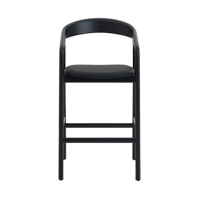 Agas Bar Stool Chair, Curved Back, Faux Leather Upholstery, Black Oak Wood - Benzara