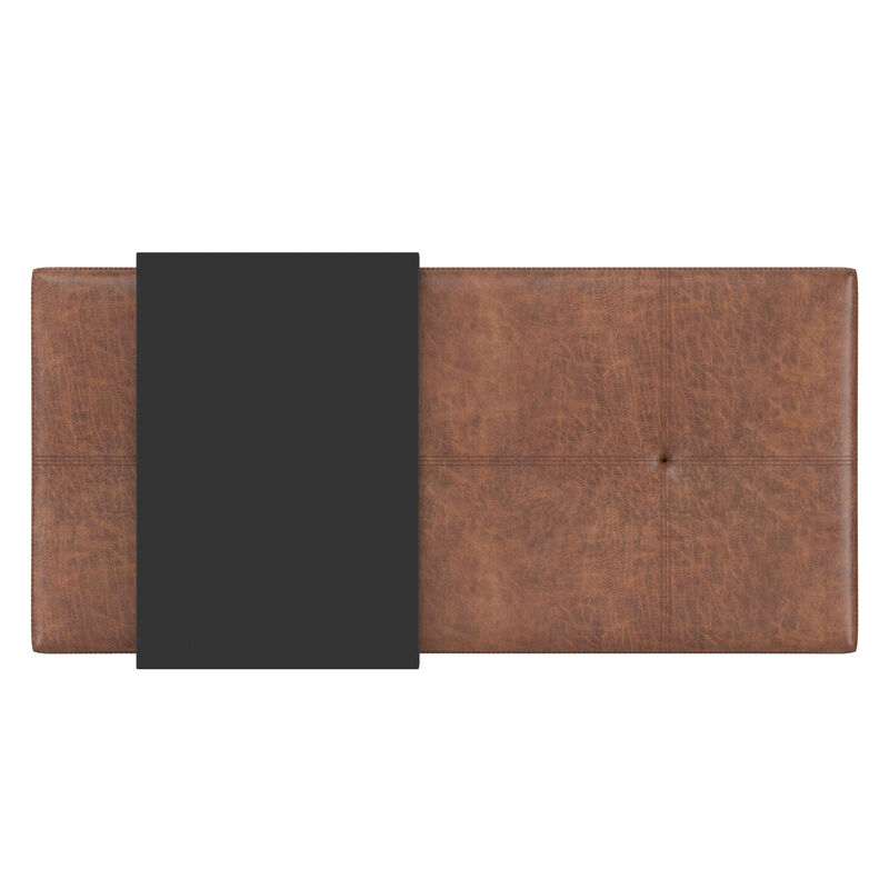 Oregon 42 inch Wide Transitional Rectangle Storage Ottoman Bench with Tray in Distressed Saddle Brown Vegan Faux Leather, Assembled image number 5