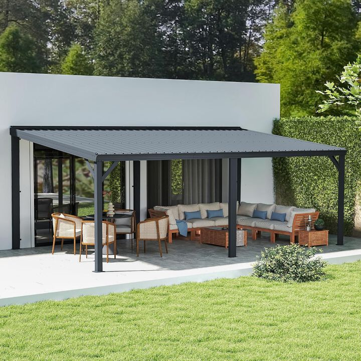 12x20FT Wall Mounted Gazebos Pergola with Built in Drainage System, Galvanized Steel Roof Hardtop Patio Shelter, Brown
