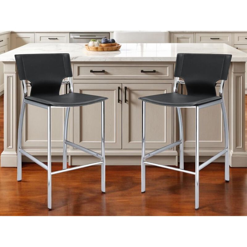 Hivvago Set of Two 25 Inch Black and Silver Faux Leather and Metal Low Back Counter Height Bar Chairs