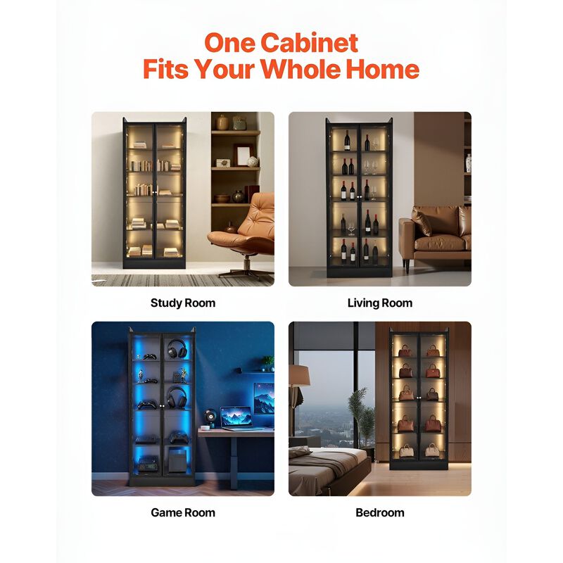 Lighted Display Cabinet with Glass Doors, 5-Tier Curio Bookcase with 2 Adjustable Shelves-Black image number 4