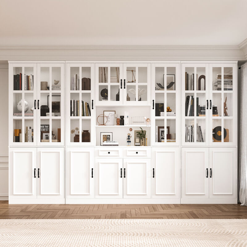 FUFU&GAGA White Bookcase Set – 2 x 4-Door Bookcases + 1 x 8-Door Bookcase with Glass Doors and Black Handles – Modern Storage and Organizing Solution, (78.7 in. H x 126 in. W x 15.7 in. D), White