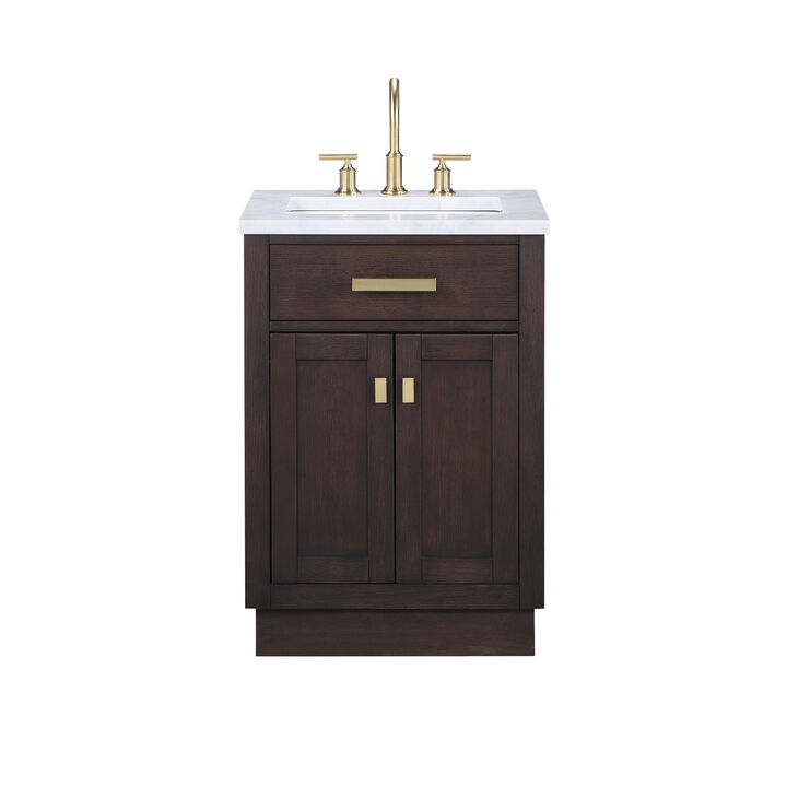 Chestnut 24 In. Single Sink Carrara White Marble Countertop Bath Vanity In Brown Oak with Satin Gold Hardware