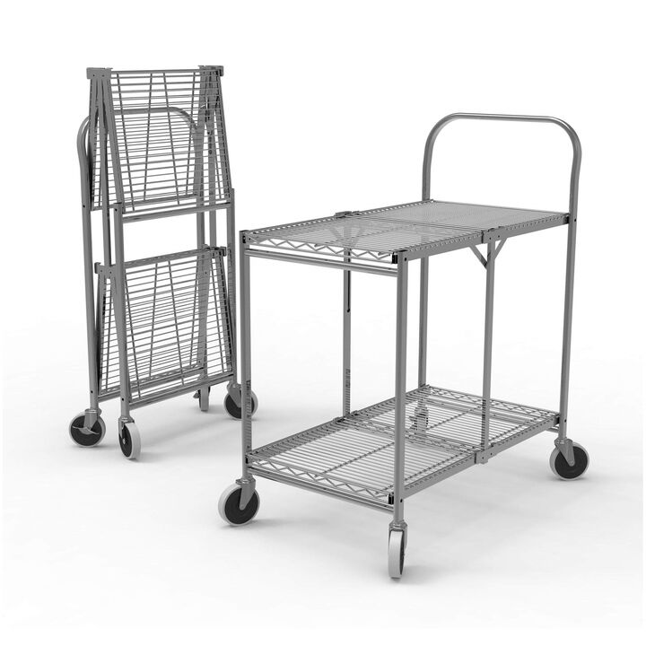 Ergode Two Shelf Collapsible Wire Rolling Cart Multifunction Utility Storage Carts on Wheels with Single-Grab Handle - Steel with Chrome Finish - Ideal for Restaurants, Kitchens and Caf