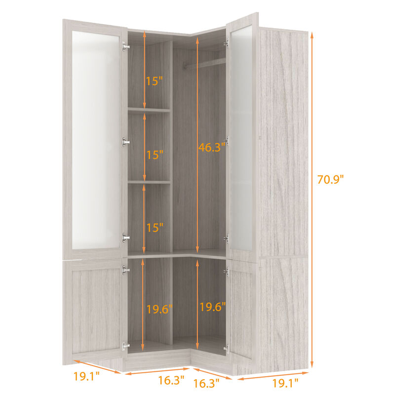 FUFU&GAGA Corner Wardrobe Closet with Hanging Rod and Shelves for Bedroom (35.4" D x 35.4" W x 70.9" H) Brown