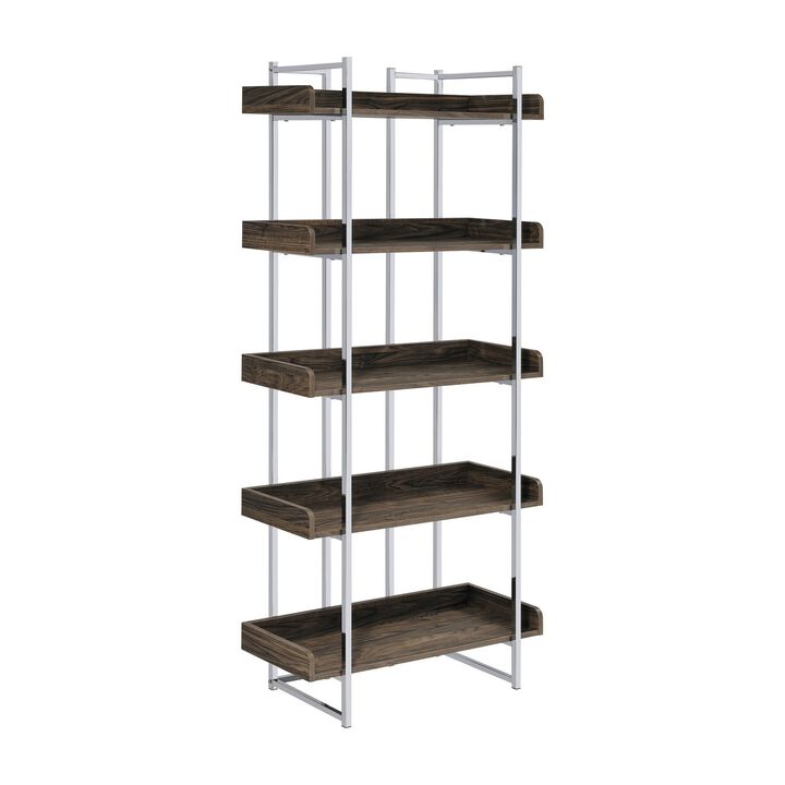 Pam 70 Inch Bookcase, 5 Wood Shelves with Raised Edges, Chrome Metal Frame-Benzara