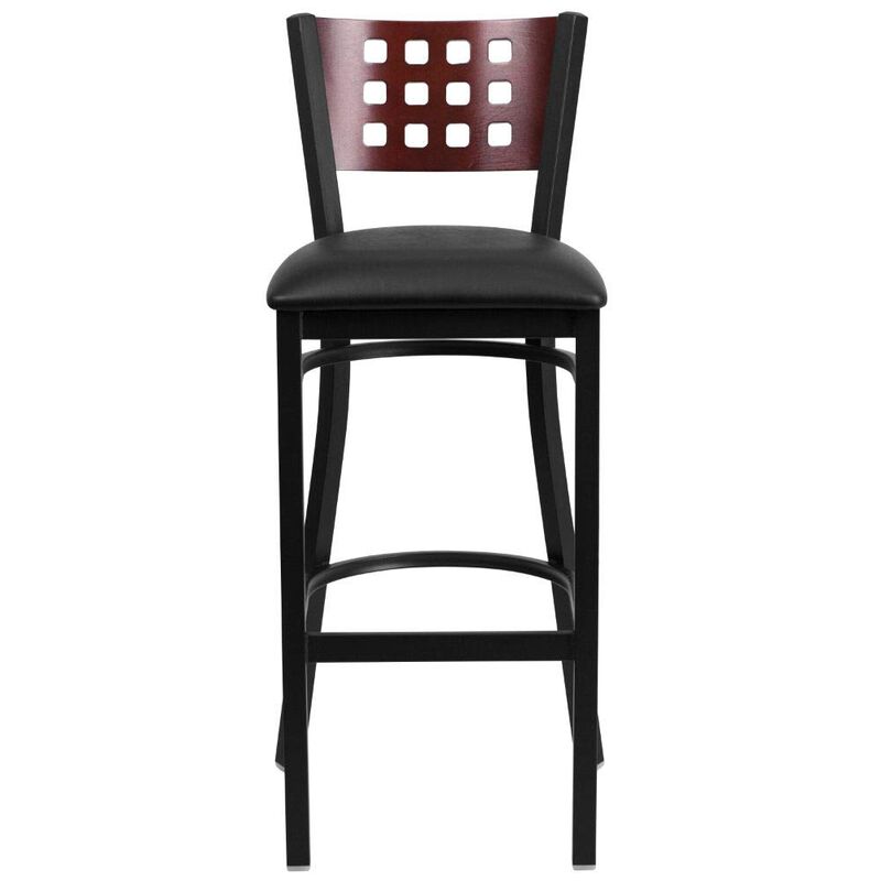 Flash Furniture HERCULES Series Black Cutout Back Metal Restaurant Barstool - Mahogany Wood Back, Black Vinyl Seat