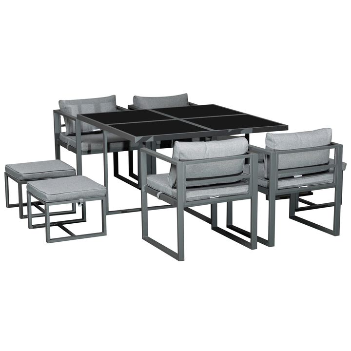 9 Pieces Patio Dining Sets with 4 Chairs, 4 Ottoman and Glass Table, Cushioned Seating and Back, Aluminum Frame, Space Saving for Lawn