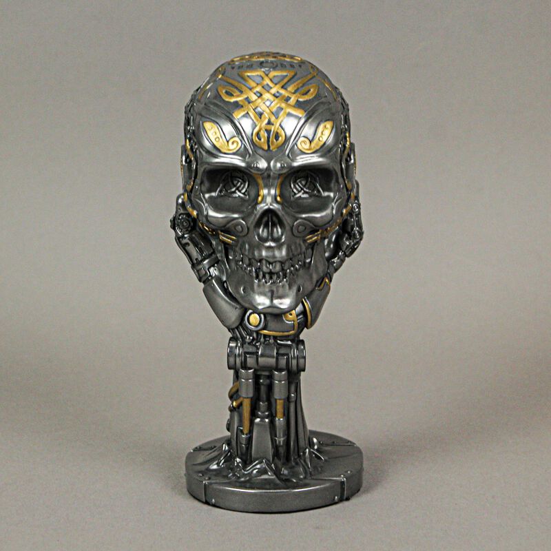 Silver / Gold Finished Steampunk Human Skull Statue - Robotic Arm Base image number 5