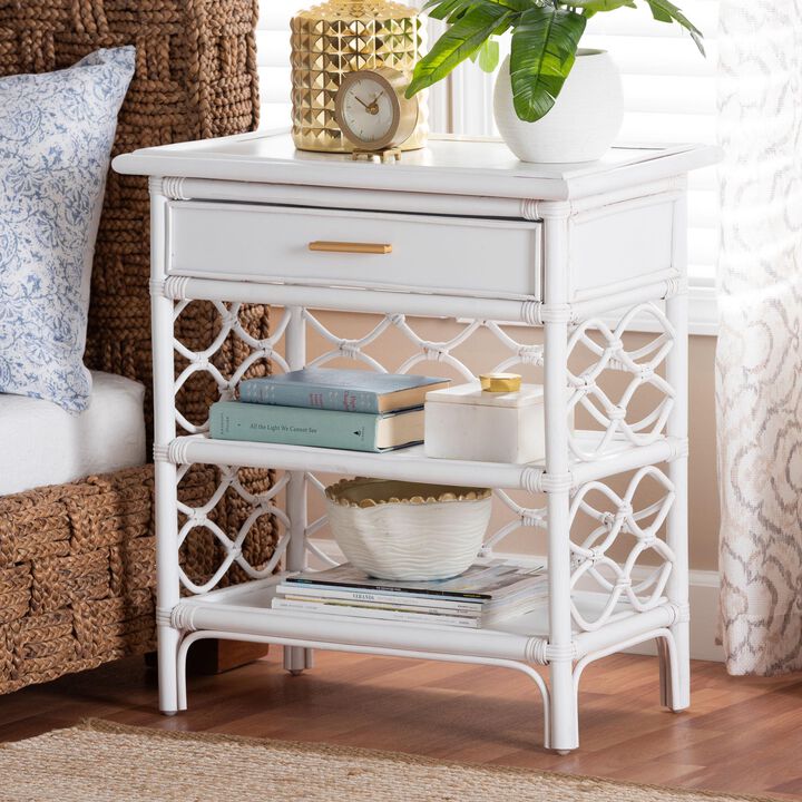 bali & pari Akane Natural Rattan Nightstand with Drawer and Open Shelves – Coastal Bedside Table with Lattice Design, White