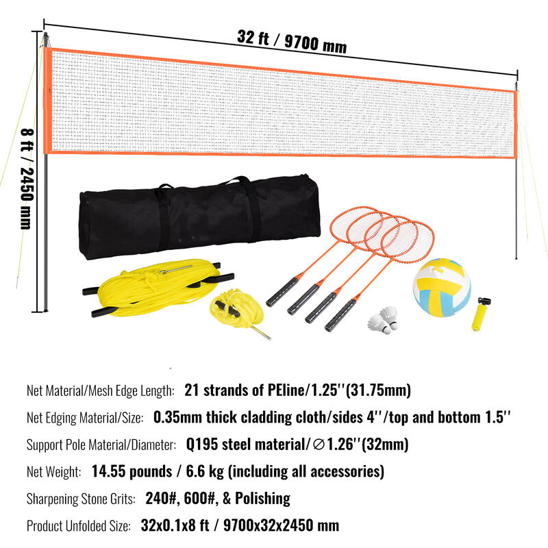 Outdoor Volleyball Badminton Set &ndash; Portable Net with Adjustable Height, Steel Frame, Ball, Pump & Carry Bag, Great for Backyard or Beach