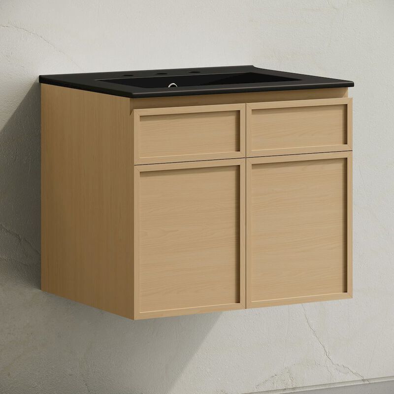 24" Wall-Mounted Bathroom Vanity in Natural Oak, Black 3-Hole Centerset Sink Top image number 1
