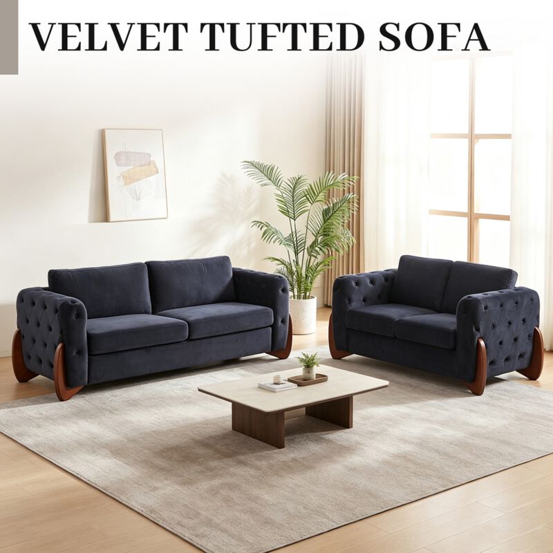 Boncok 2‑Piece Mid‑Century Modern Button Tufted Velvet Sofa Set image number 5