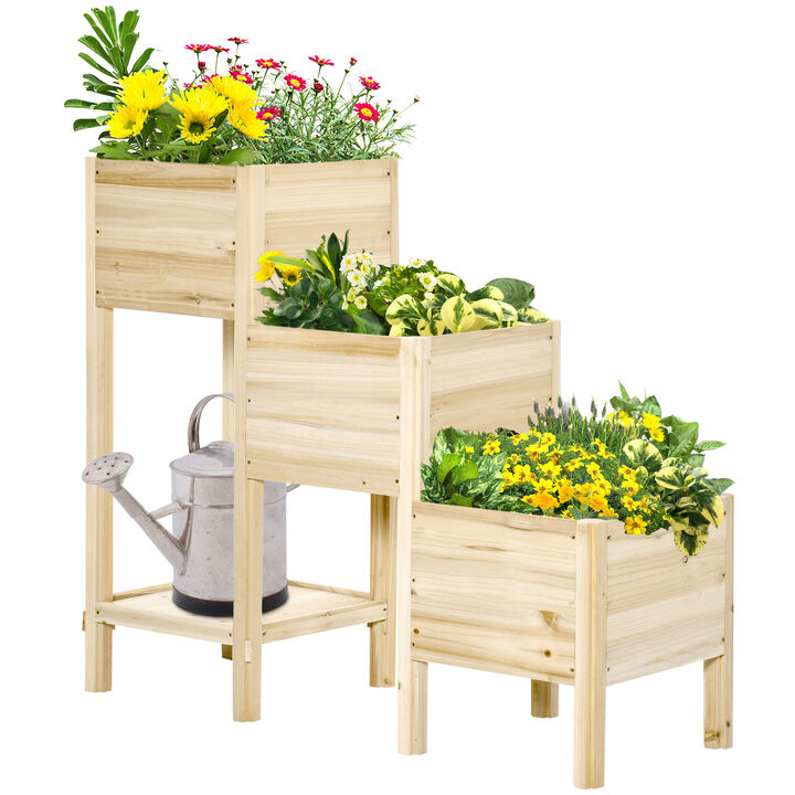 Outsunny 3-Tier Raised Garden Bed with Storage Shelf, Wooded Elevated Planter Boxes, Plant Stand, for Vegetables, Herb and Flowers