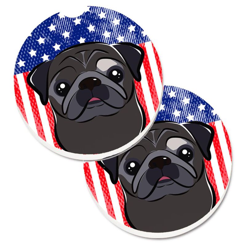 Caroline's Treasures American Flag & black Pug Set of 2 Cup Holder Car Coasters BB2193CARC, 2.56, Multicolor