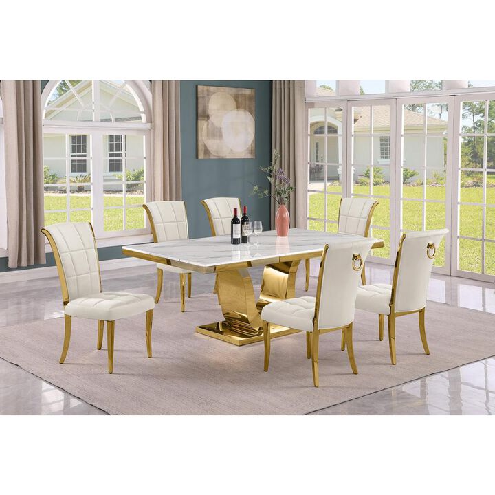 7pc Large(76") marble top dining set with gold base and 6 Cream side chairs