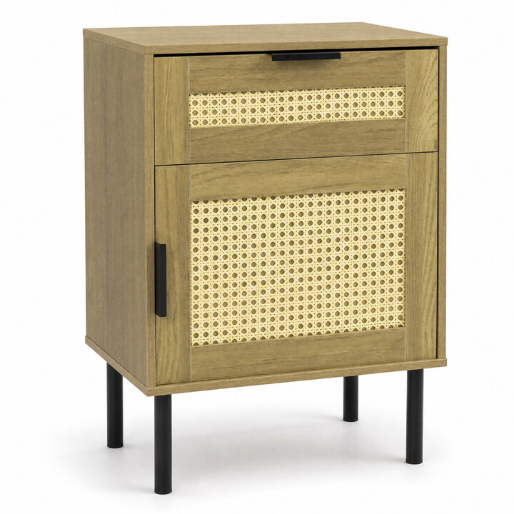 Rattan Nightstand with Drawer and Storage Cabinet for Bedroom and Dorm