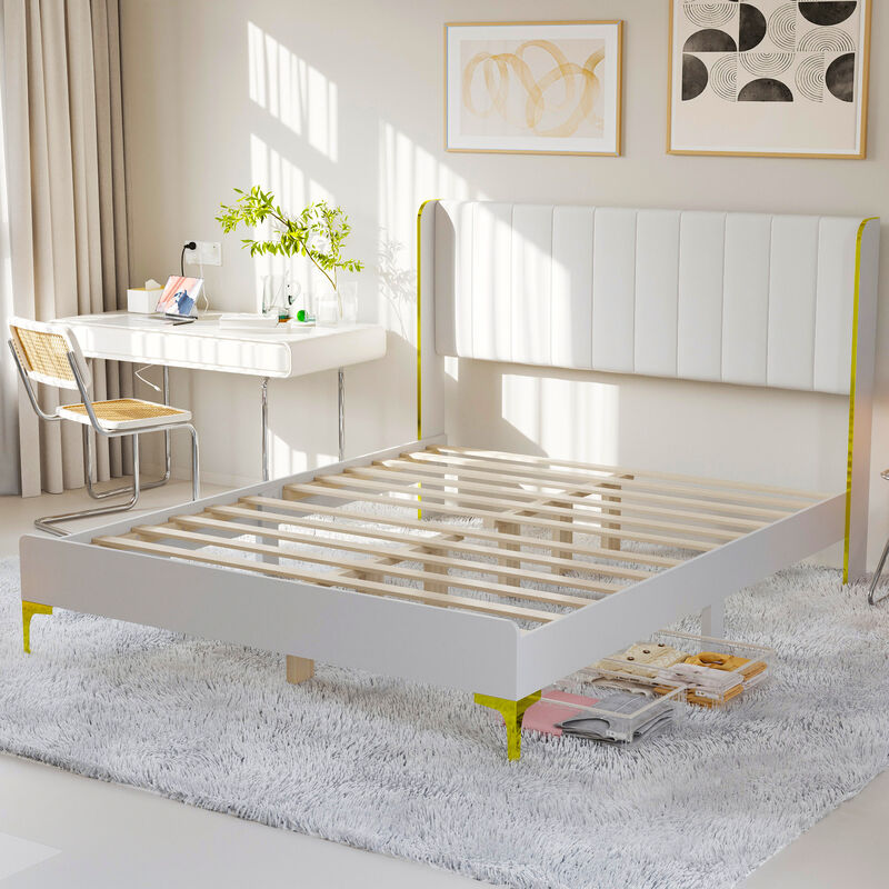 FUFU&GAGA Modern White and Gold Bed Frame with PU Leather Headboard, P2 MDF Construction, and Sturdy Golden Feet (81.1" L x 63" W x 44" H),White and Gold