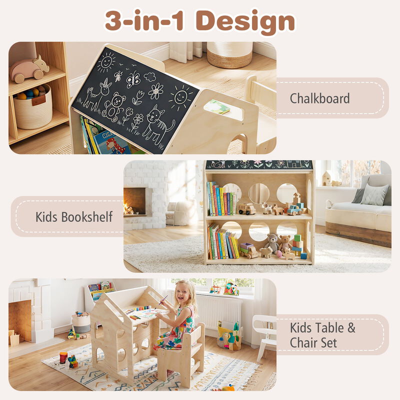 Children&rsquo;s House-Shaped Table and Chair Set, Wooden Activity Furniture-Natural image number 7