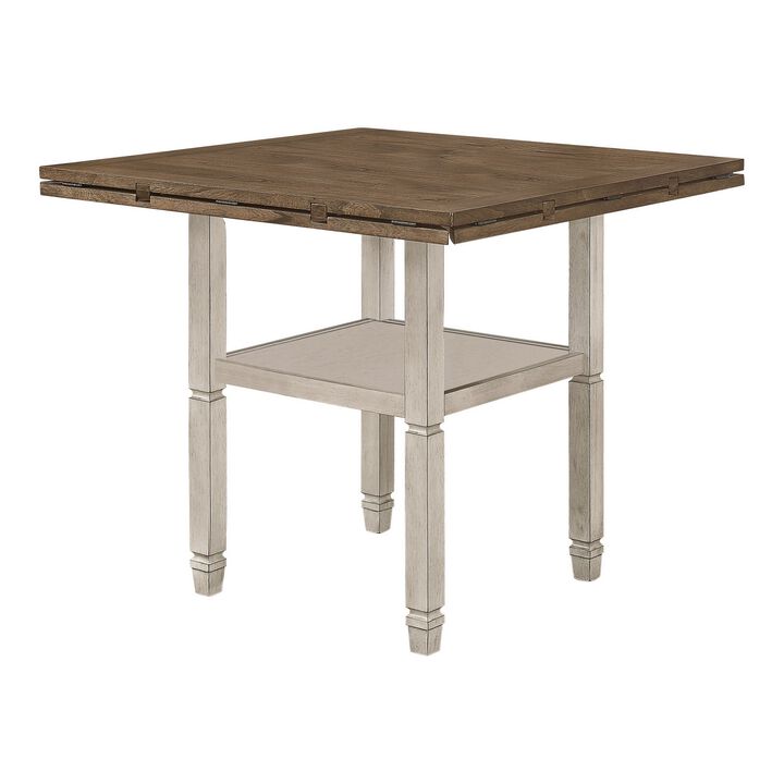 52-60 Inch Counter Height Table, Open Bottom Shelf, 4 Drop Leaves, Brown  - Benzara
