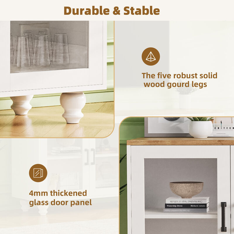 Clihome Farmhouse TV Stand with Tempered Glass Doors for TVs Up to 70", Versatile Sideboard with Adjustable Shelves, Elegant Buffet Cabinet with 5 Solid Wood Gourd-Shaped Legs for Living Room