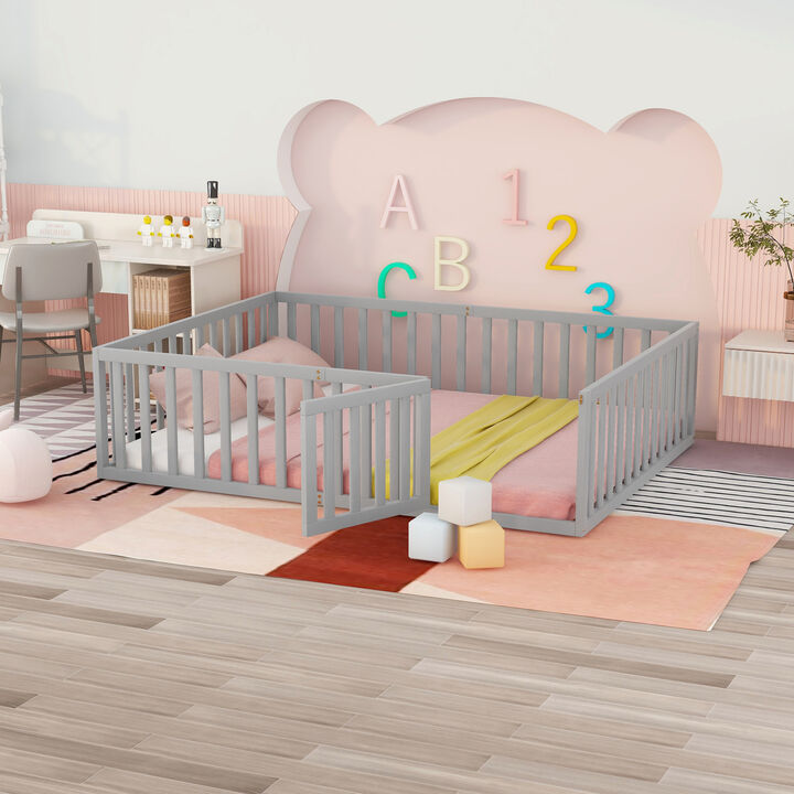 GOODSILO Kids Floor Bed Frame with Safety Door and Fence for Creative Play Space and Cozy Sleeping Area