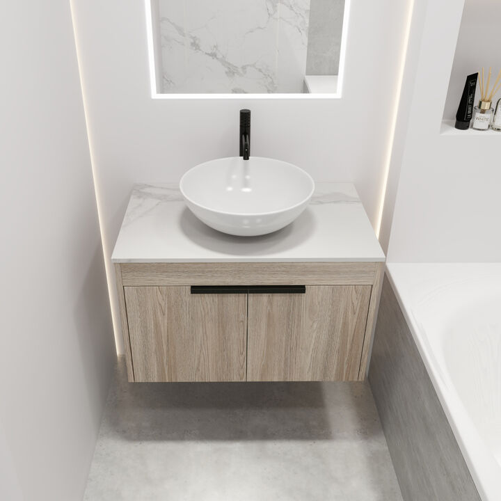 30 " Modern Design Float Bathroom Vanity With Ceramic Basin Set, Wall Mounted White Oak Vanity With Soft Close Door, KD-Packing, KD-Packing,2 Pieces Parcel(TOP-BAB321MOWH)