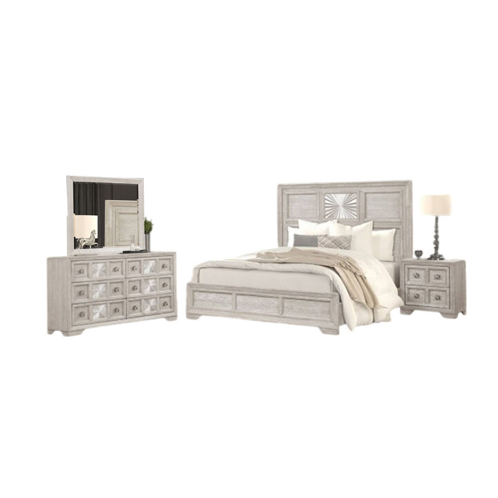 Diaz 4pc Queen Size Bedroom Set, Dresser Mirror, Sunburst Light Gray - Benzara