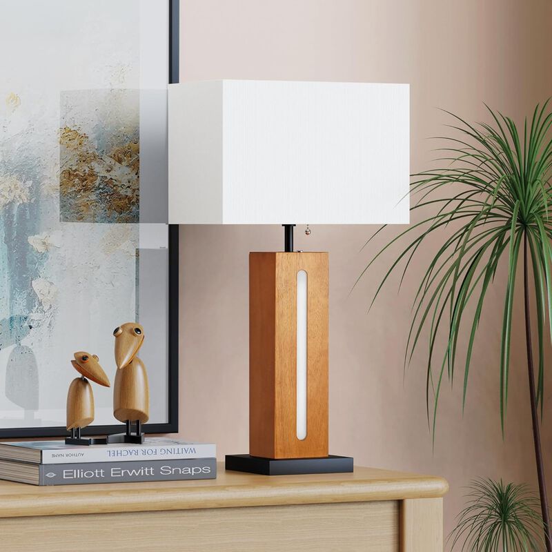 ELEMENT ACE Set of 2 Modern Dimmable Bedside Table Lamps with LED Nightlight, Rustic Farmhouse Nightstand Lamps with Linen Shades for Bedroom Living Room End Table image number 3
