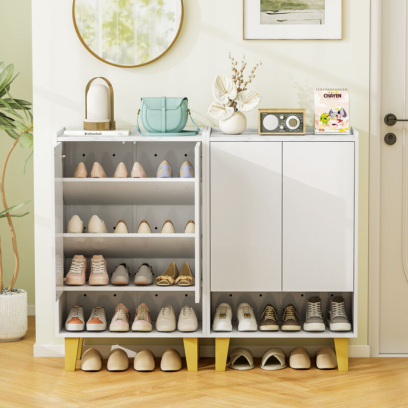 5-Tier Shoe Cabinet with Faux Marble Countertop and Flat Tilting Shelves