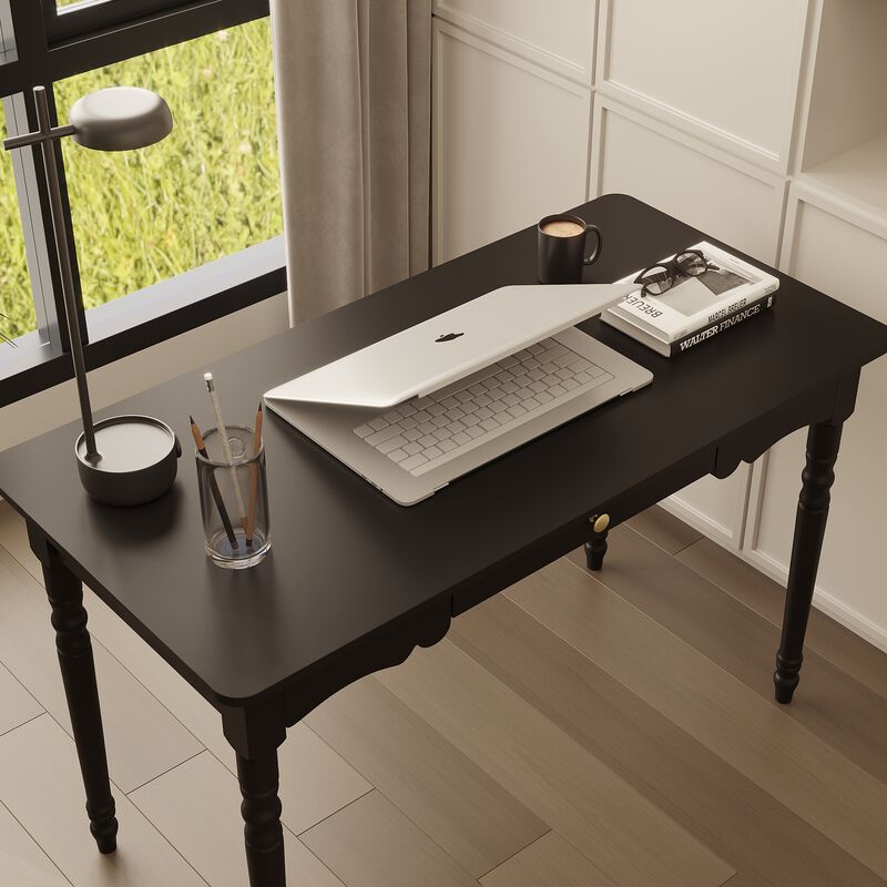 FUFU&GAGA Black Writing Desk with Drawer, MDF & Rubberwood Construction (47.2" W x 29.4" H x 23.6" D), Black