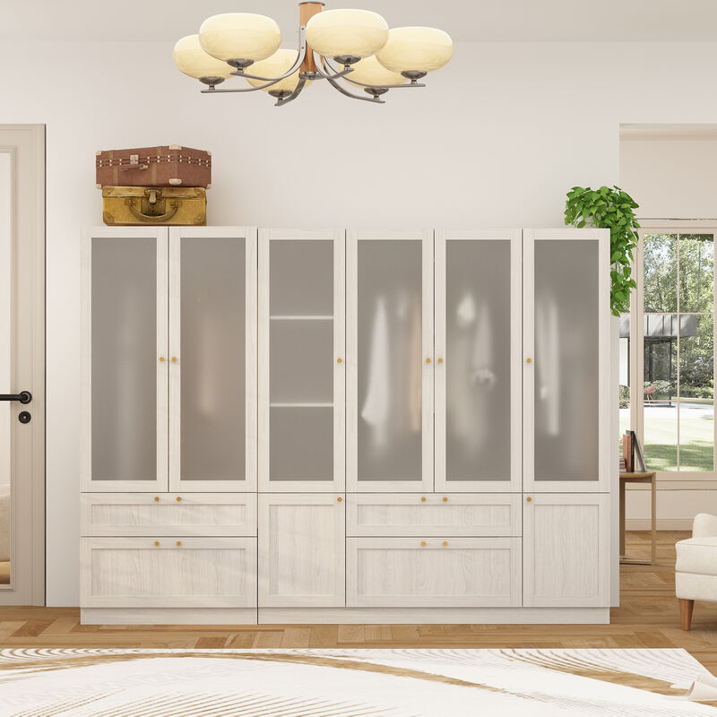 FUFU&GAGA Modern White Wardrobe with Frosted Glass Doors, Gold Accents, 4 Drawers, and Hanging Rail &ndash; Customizable L-Shape/U-Shape Closet System, (94.5" L x 19.9" W x 70.9" H),White