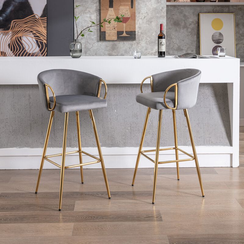 26 Inch Set of 2 Velvet Bar Stools with Chrome Footrest and Golden Base Counter Height Stools image number 9