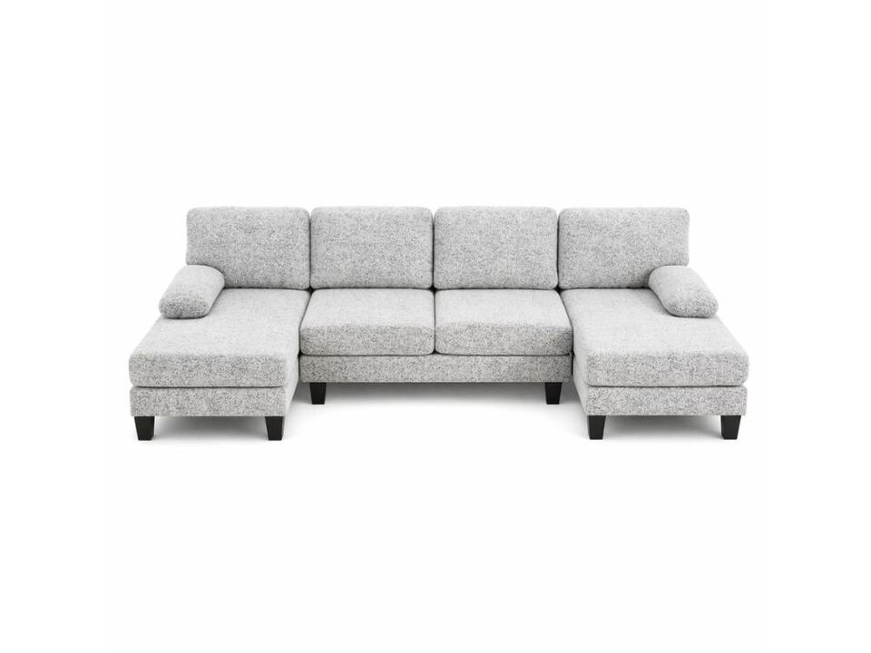 110" U Shape Sectional Sofa White Grey Chenille 4 Seat Double Chaise Wood Legs