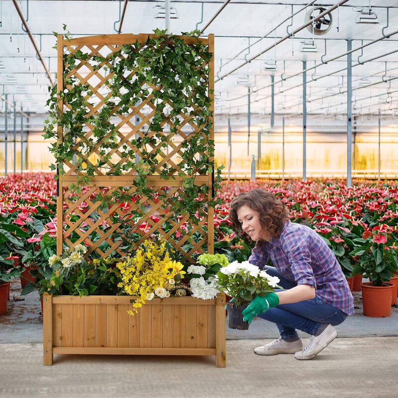 Raised Garden Bed Planter Box in Fir Wood with Trellis for Outdoor Gardening