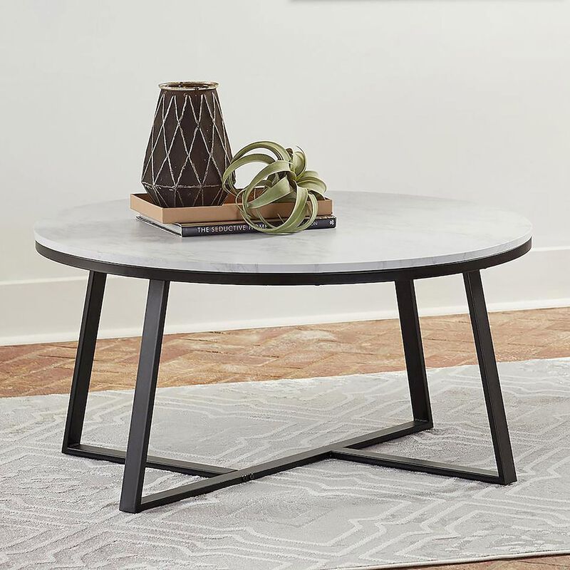 Plethoria Home White Faux Marble and Matte Black Coffee Table