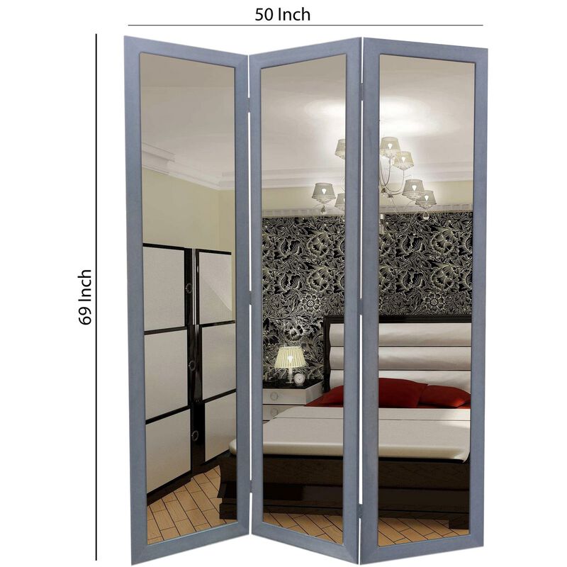 3 Panel Wooden Foldable Mirror Encasing Room Divider,Light Gray and Silver - Benzara