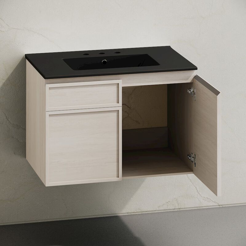 30" Wall-Mounted Bathroom Vanity in White Oak, Black 3-Hole Widespread Sink Top image number 3